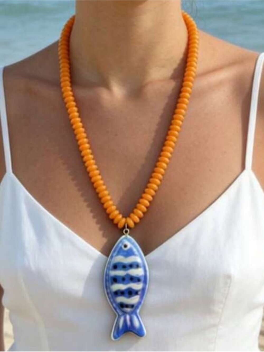 New! Coastal Blue Fish Orange Beaded Necklace NWOT